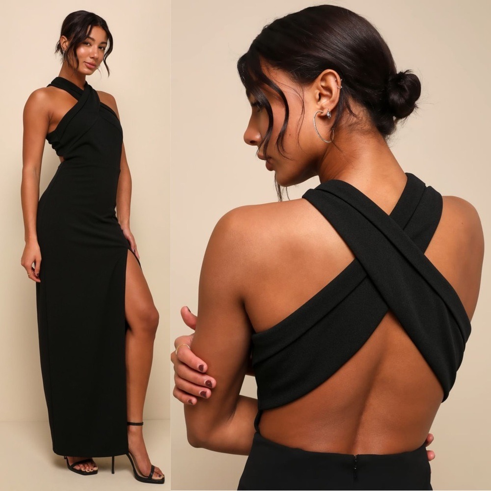 NWT LULUS‎ Crossover Halter Neck Sleeveless Side Slit Column Skirt Formal Gown L - Picture 3 of 6